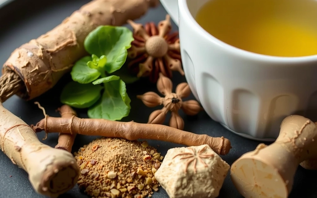 Green tea leaves and various adaptogenic herbs in small bowls, symbolizing natural energy and focus.