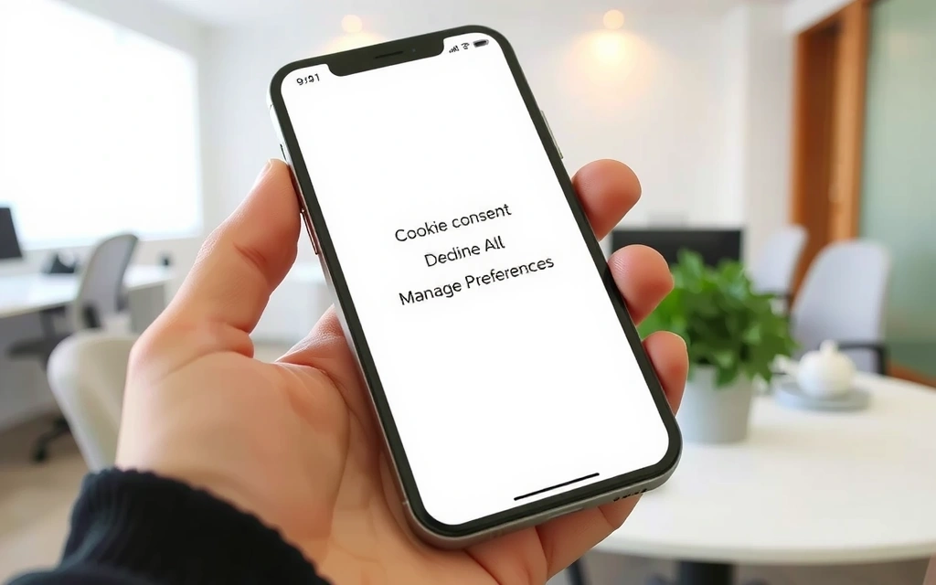 A hand holding a smartphone, displaying a cookie consent pop-up with 'Accept' and 'Decline' buttons, symbolizing user choice over cookie settings.