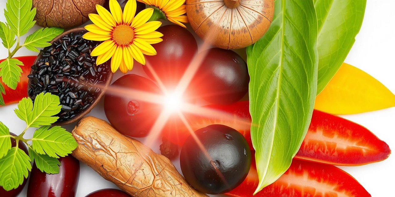 A vibrant collage of natural ingredients for energy and balance like ginseng, rhodiola, and spirulina. The image is bright and dynamic, conveying vitality.